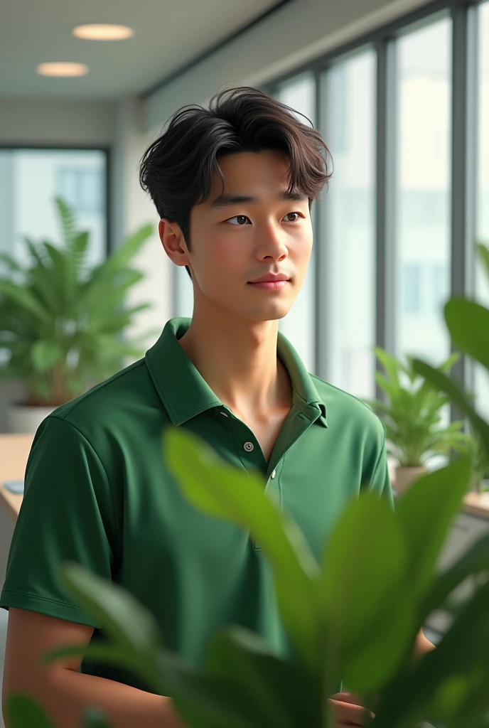 refreshing　Early 20s　male　Center Part, looking at an office plant, wearing green polo neck shirt, in a corporate office, looking directly at group of office plants