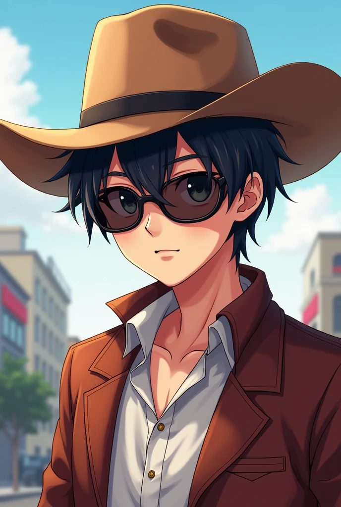 Anime boy wear howdy and with sunglasses 