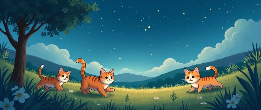 One summer night,there were stars in the sky. hand drawn style,children's illustrations,flat illustrations,masterpiece,best quality,Studio Ghibli Inspired ,Anime, Cats