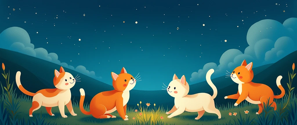 One summer night,there were stars in the sky. hand drawn style,children's illustrations,flat illustrations,masterpiece,best quality,Studio Ghibli Inspired ,Anime, Cats