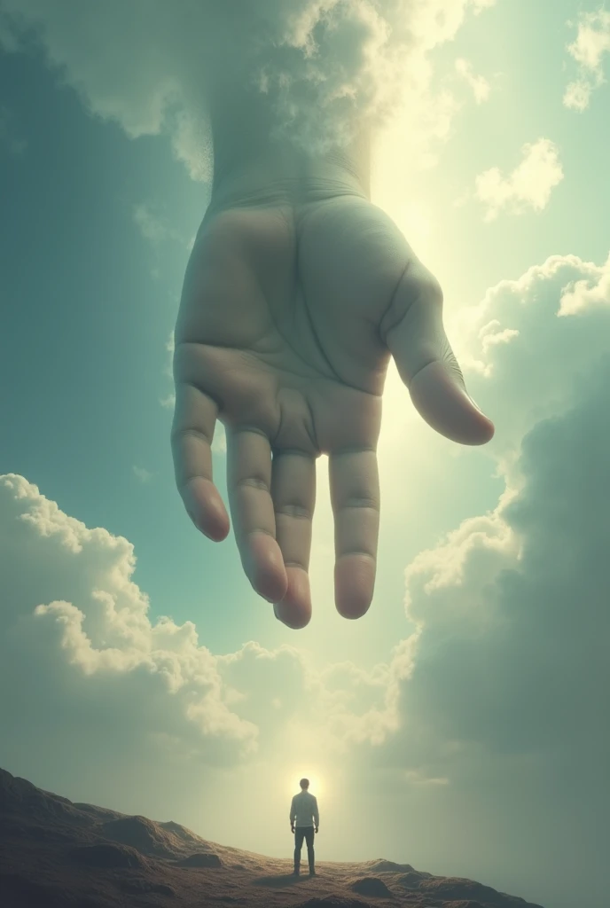A GIANT HAND COMING down
 FROM HEAVEN ON A MAN WHO IS STANDING IN FRONT OF THE HAND 

