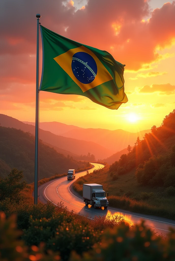 a pole with a Brazilian flag in a landscape with a sunset and on the road with realistic trucks