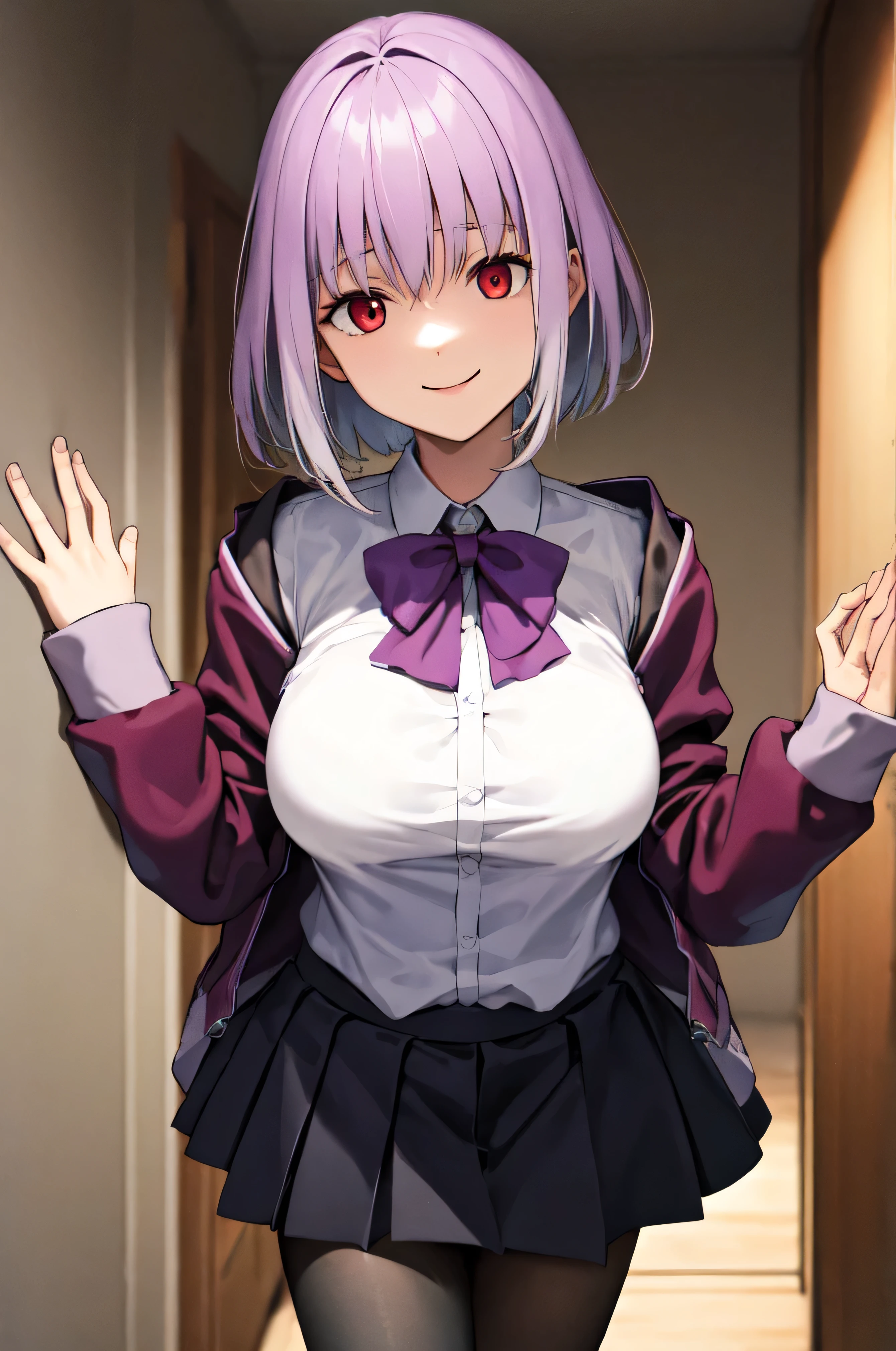 male, short hair, Red eyes, Large Breasts, Purple bow tie, Collared shirt, White shirt, Purple Jacket, Partially defrosted, Long sleeve, Sleeves are longer than the wrist, Pleated skirt, Black Skirt, pantyhose, smile, Waist clothes, night, dark, room, Shine, Backlight, Open your mouth, Leaning forward, , View your viewers, Hollow Eyes, masterpiece, Highest quality, High resolution, Nice hands, Perfect hands, Cowboy Shot,Too evil smile,smile the worst,Looking down at the viewer,Smile at its worst,Devilish Laugh,Dark shadowed face,Smile face,big monster ,Dark purple background,both hands,Five Fingers,Two legs,, Dark shadowed face,A sadistic smile,Malice,Contempt,smile,both hands,Two legs,Five Fingers,solo,Decorated with skulls. background, A mountain of skulls beneath