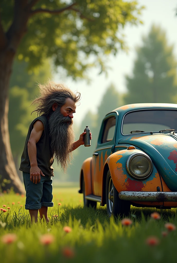 Create me an image of a short person with a long beard, that he is painting a black VW Gol Power type car with a spray can in the middle of a field between trees 