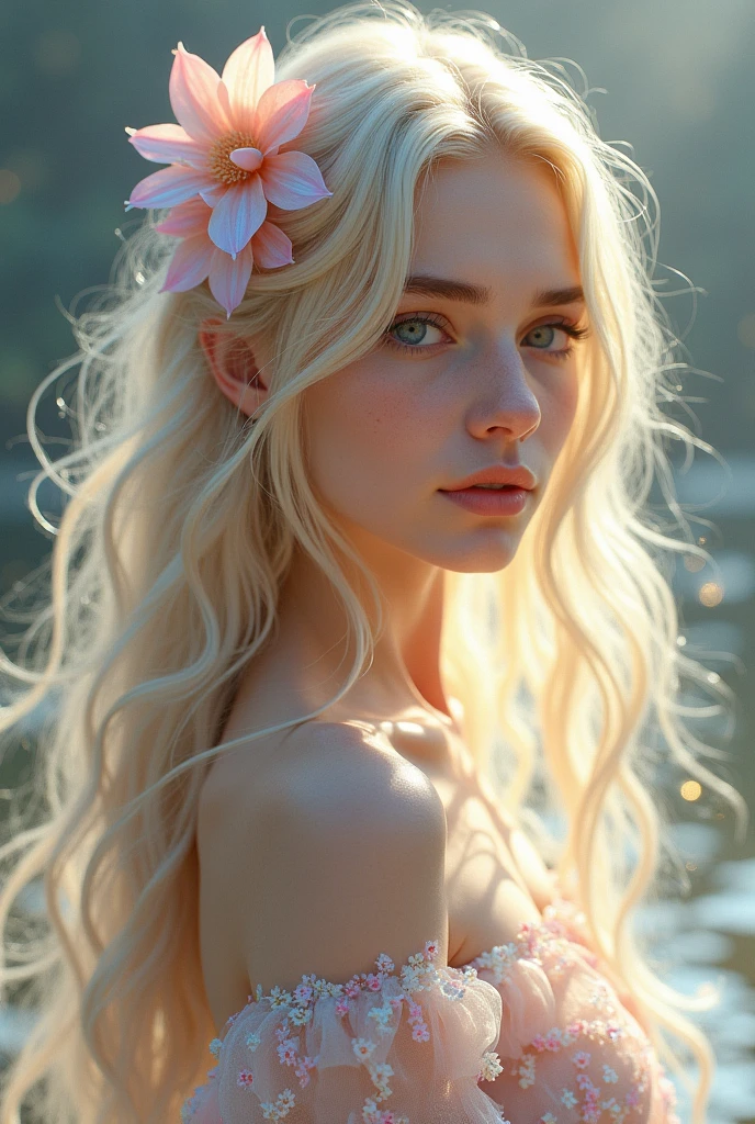 Generate an ethereal portrait of a young woman with long, flowing blonde hair adorned with iridescent flowers. Her skin glows softly, and she wears a delicate, transparent dress with floral patterns that shimmer with pastel colors. The background should be softly lit, emphasizing her serene and otherworldly beauty."