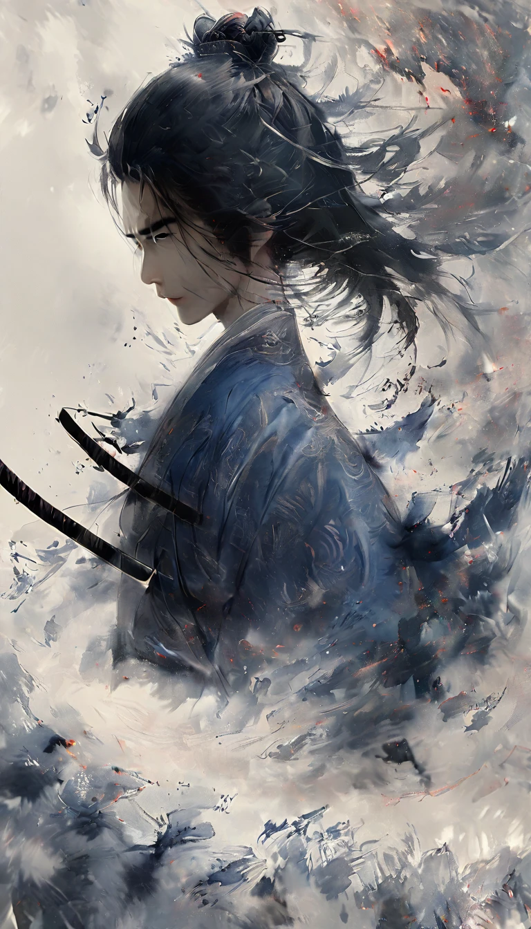 a realistic poster of a young agile and short male samurai, with a pair of wakizashi, with black hair in a bun, his white and blue clothes and armor, decorated with air and feather motifs., dark mood ::2 multi-layered compositions, uhd image intricate patterns and details ::1 dramatic ilumination, Chinese ink, wash technique, a katana very detailed, splatter ink, black and white, black and white still, digital Art, perfect composition, beautiful detailed intricate insanely detailed, octane render trending on artstation, 8 k artistic photography, sumi-e concept art, soft natural volumetric cinematic perfect light, chiaroscuro