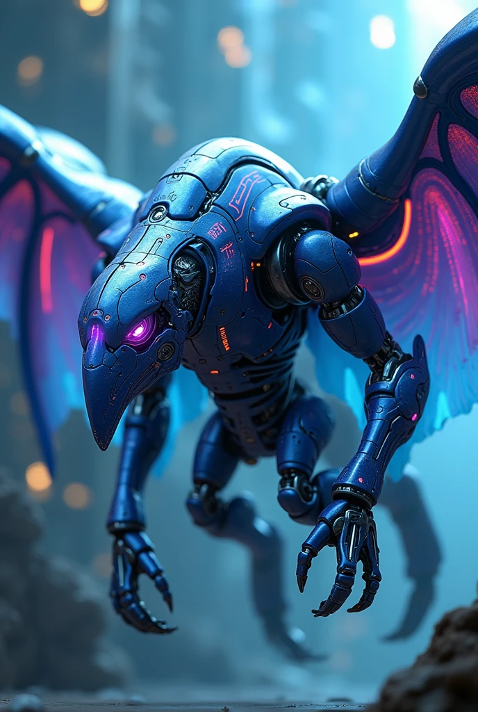 (Best quality, 8K,A high resolution,Masterpiece:1.2),Ultra-detailed),Futuristic robot ZEUS monster god,full bodyesbian,colorful neon,High-tech mechanical parts,Metal hats are cool,Metal legs,Bionic eye,Detailed feather design,sharp beak,hovers in mid-air,Electric blue and bright purple,Vivid glowing eyes,Reflective metal surface,Gloomy environment,Dynamic pose,imposing presence,Technological progress,Interlocking mechanical gears,Dynamic and stylish design,motion blur effect,meticulous craftsmanship,Sci-fi atmosphere,Streamlined aerodynamic shape,Laser scanning pattern,holographic projections,Light-emitting circuit lines,hauntingly beautiful,Otherworldly precision,Advanced sensors,Complex algorithms,Ominous and mysterious atmosphere,electric sparks,Shiny chrome plating,Futuristic propulsion system, Year's on_gundam, 1