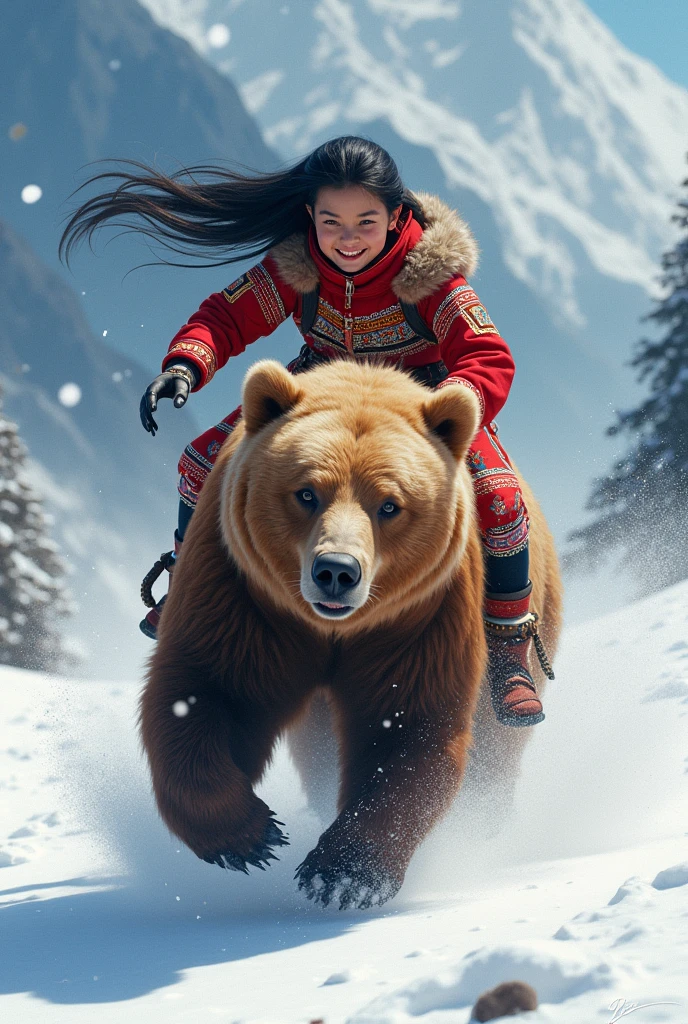 girl\(long black hair, Ainu folk costume, smiling\) sitting on a big brown bear running at great speed through the wilderness\(snowy mountains\) of Hokkaido,dynamic camera angle, powerful composition, concentrated lines, scattered snow,great land scape