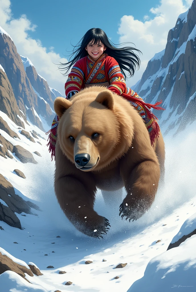 girl\(long black hair, Ainu folk costume, smiling\) sitting on a big brown bear running at great speed through the wilderness\(snowy mountains\) of Hokkaido,dynamic camera angle, powerful composition, concentrated lines, scattered snow,great land scape