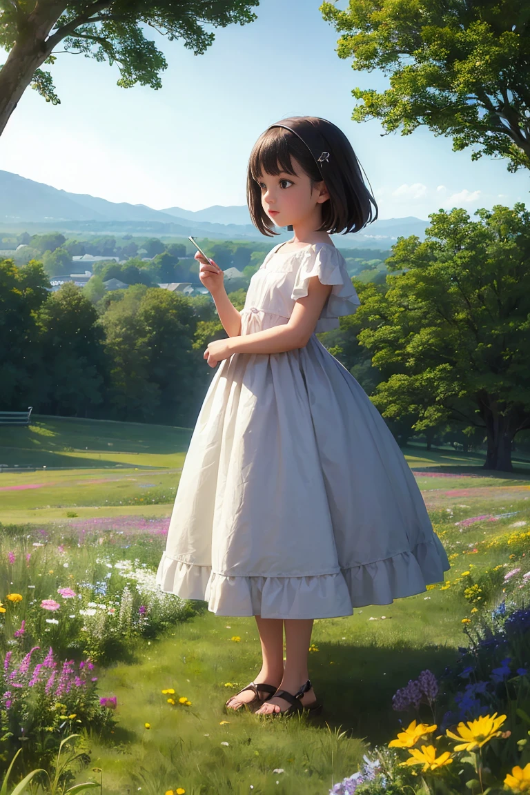 A girl on a meadow,Stars twinkling in the sky,Shining Star,milky way,full moon,I look up and see,Wildflowers are in full bloom,Pure World,masterpiece,Highest quality,最高masterpiece,Detailed anime art,Digital Art,