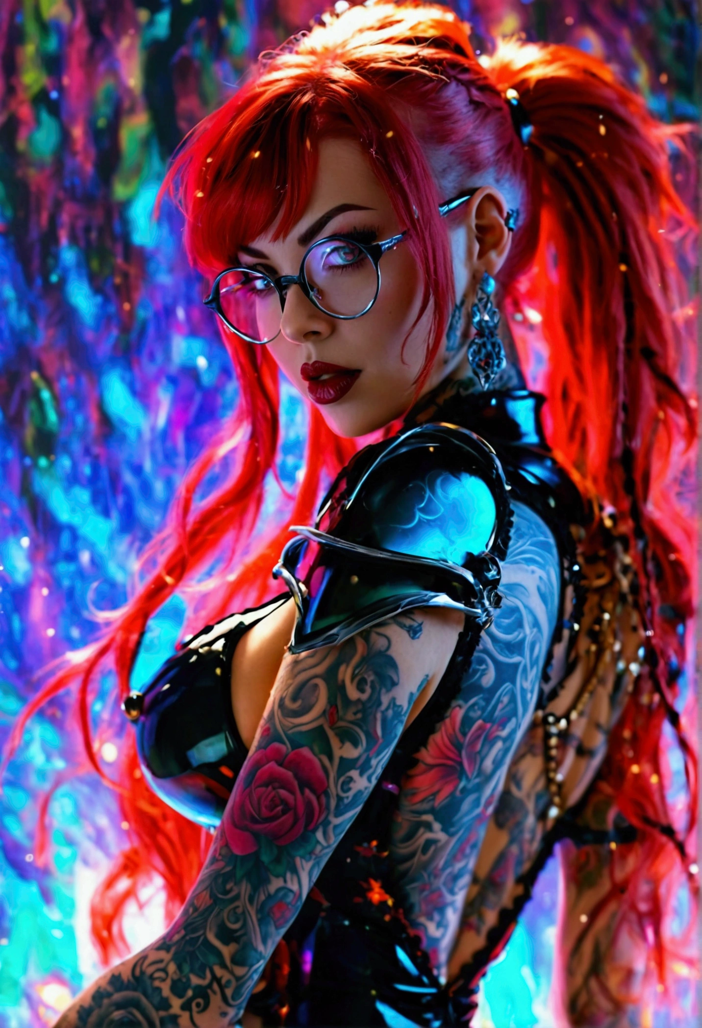 Create an 8k realistic image of a tattooed woman with red vevy long loose ponytail hair and glasses posing, tattooed goth pinup , inked, tattooed, inked and colored, tattooed body, anatomical perfection, style of ink, pinup voluptuous seductive body, Stunningly gorgeous deathmage, gigantic breast, large round perfect breasts, perfect heart shaped ass, thicc thighs, facing backwards looking forward, neon sapphire eyes, Death knight Bracers & Shoulder Armor, sexy see through lace sundress