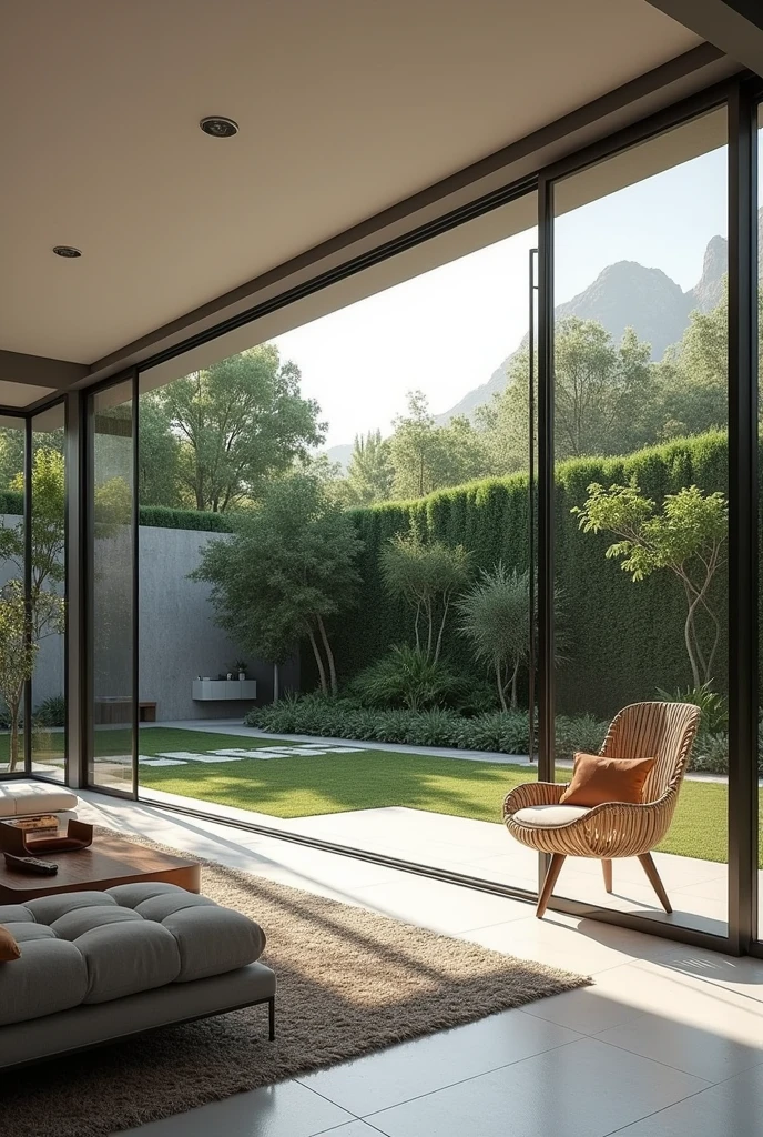 Interior design , modern living room , in Brazil , glass frame , view of external garden , ultra realisitic , 4K , High-resolution rendering