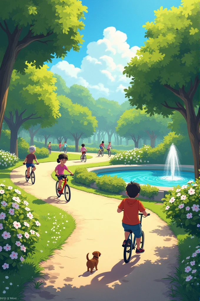 Park, green, some flowering trees, winding road with cycling young people, a teenager skating, old man with his tiny dog, a water font, bright sun