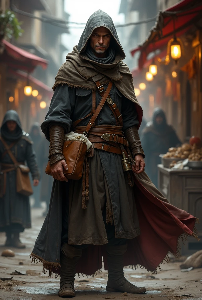 It's for a dungeons and dragons game, He is a 100% human merchant%
quite thin, He is intelligent and has a desire for revenge