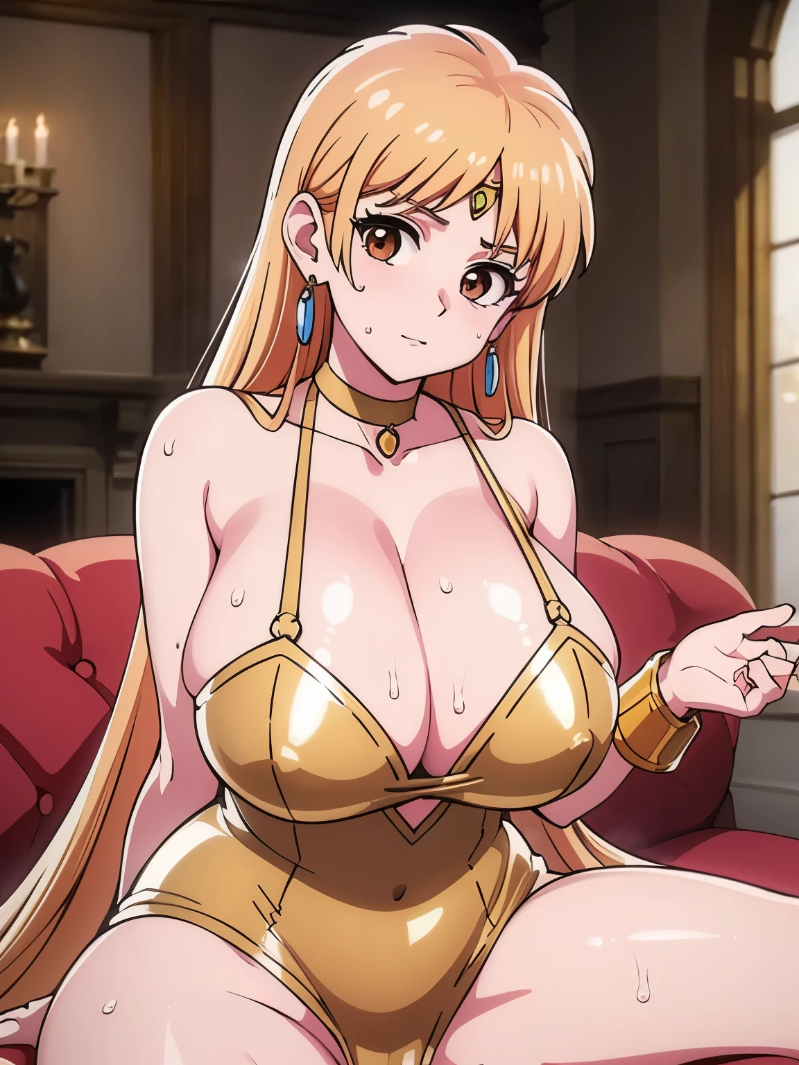 (masterpiece, highest quality:1.2), Ultra-high resolution), RAW Photos, Professional Lighting, Cinema Lighting, (1 girl), Leona, Dragon Quest:dai no daibouken, (blonde, Long Hair, Brown eyes, string tiara, hair ornaments, bangs), (brass Circlet, choker, Earrings, ultra realistic see through & transparent sexy lingeries:2.0, ultra detailed see through & transparent sexy lingeries:2.0, sheer lingeries, visible nipples under bra:2.0, Golden collar, golden bracelet, earrings), (((ultra large natural breasts, Super huge tits, Super huge boob, Super huge cleavages))), (ultra realistic & detailed interior of medieval wooden motel in the village, bed, dark atmosphere, night, moon view via window, candle), (Ultra Slim Waist, Ultra slim model body style), Highly detailed face, Highly detailed eyes, standing, full body shot, (sitting on couch, spreading legs widely to viewer:1.5), (nsfw:1.5, sweat bodies:1.5),