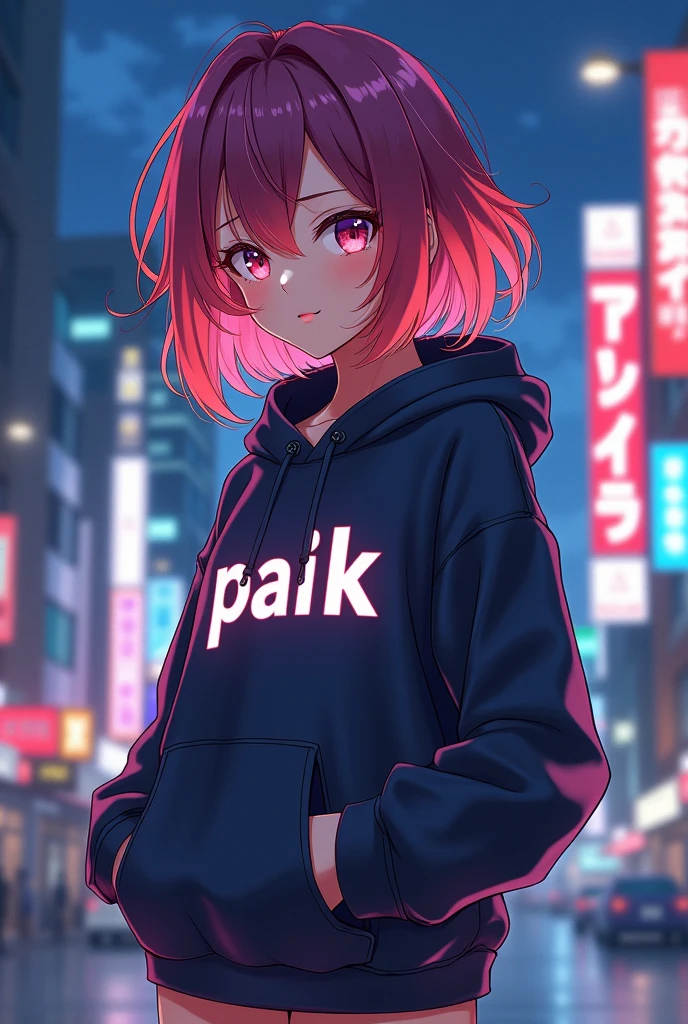Create anime character; {background: HD capital text: “GLBK” in right-top, night}, tanned skin, realistic, HDR, beautiful, japan style, full body size, age 20, hoodie HD text: “Paik”, female, color Gradient hair, long hair, ultra boobs
