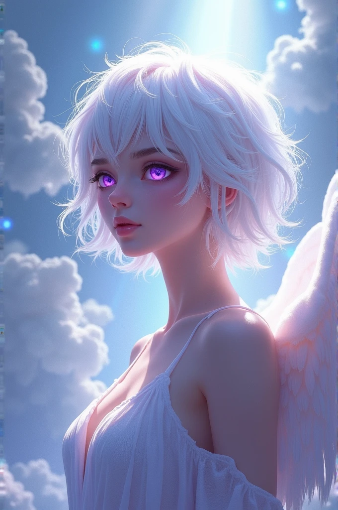 An angel of , with short messy white hair and also purple eyes