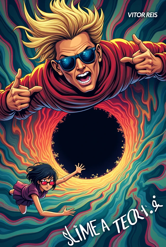 a book cover with the title ''slime the theory'' in Portuguese, with colorful and creative drawings a strong blond with wind glasses on his forehead and a scarf and an Japanese girl with 3D glasses and a school uniform falling into a colorful black hole . with the name of the author Vitor Reis