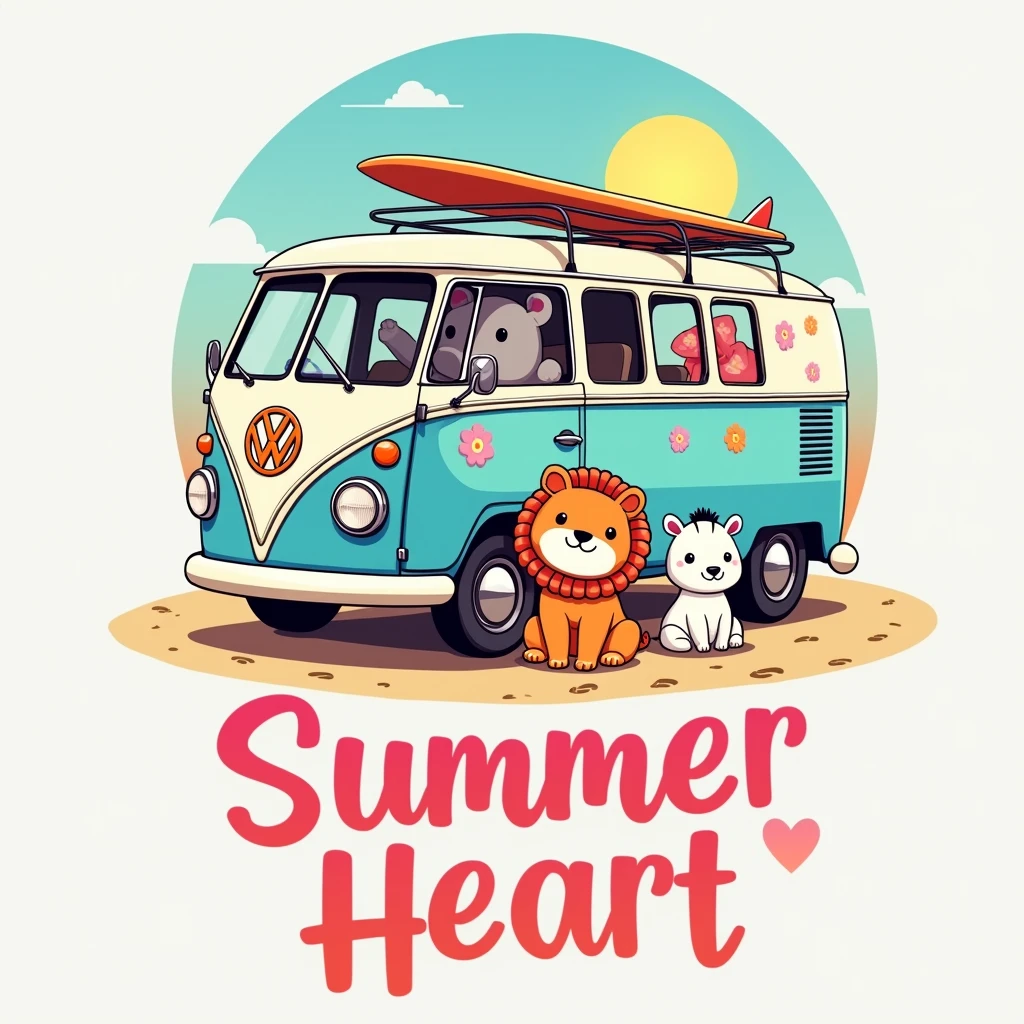 Create an illustration ((glad)) with good contrast, with fine and delicate lines, cute fun, to the audience (The image shows a vintage Volkswagen Type 2 van, known as VW Bus, parked on a beach with a clear sky and the sun setting or rising in the background. The van is painted in light blue and white, with several colorful flower stickers and the iconic VW logo on the front. No roof from van, there is a rack with two surfboards attached. ((3 squishmallows animals estilo cartoon: to the left, a lion with orange and white fur and closed eyes that suggest contentment; On the right, a white zebra with big round eyes and driving the car a hippopotamus. Both animals are sitting. Both animals are sitting)), The sand looks smooth, with some footprints leading to the van. the art in general presents a distribution with characteristics of shirt prints, which do not end in a rectangular shape. Below this scene, there is text that says “Summer Heart” or something related to high summer in a stylized cursive font that suggests a relaxed summer vibe. The font color transitions from pink at the top to yellow at the bottom, imitating a sunset. This image evokes nostalgia for summer travel and beach adventures., symbolizing freedom and leisure