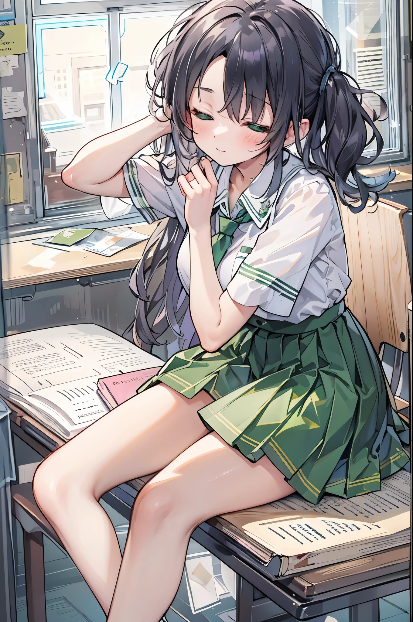 ((Highest quality, 8k, masterpiece: 1.3)), whole body,1 personの,1 person,,Glamorous Body,cute,Sleeping face,Black Hair,Beautiful emerald green eyes,Long Hair,((Close your eyes)),((White short-sleeved blouse,tie)),((Green pleated mini skirt,loafers)),((In the classroom,Sit on a chair,Fold your arms and put your face down on the desk)),