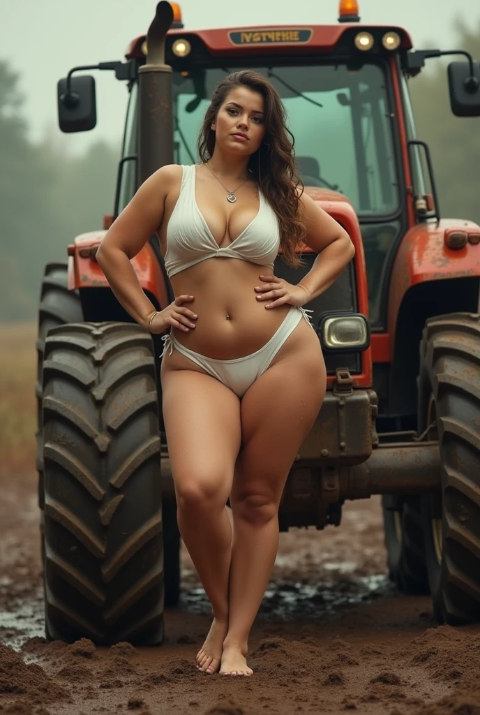 A beautiful mature Colombian lady dressed  in lingerie driving a cement mixer truck at a cement factory