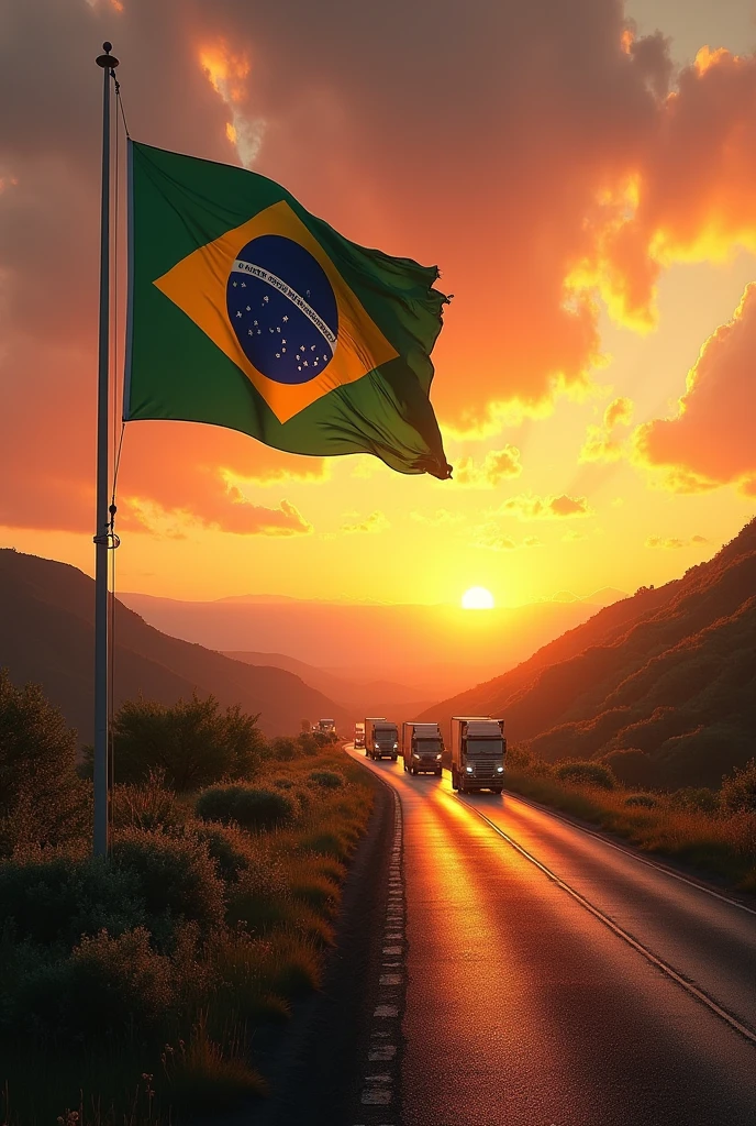 a pole with a Brazilian flag in a landscape with a sunset and on the road with trucks. the image has to be super realistic