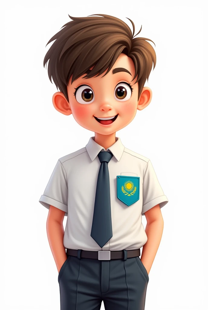((officially)) ((masterpiece)) ((Best quality)) ((detailed)) cartoon boy schoolboy in school uniform with emblem flag of Kazakhstan on pocket on white background