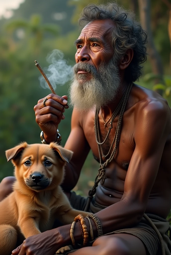 Photorealism 1.4 realistic realism high detailed definition Malaysia native aboriginal orang asli old man sitting and smoking wear short shirtless dark skin puppy beside evening mode curly messy hair dark skin necklace and hand accessories from rattan