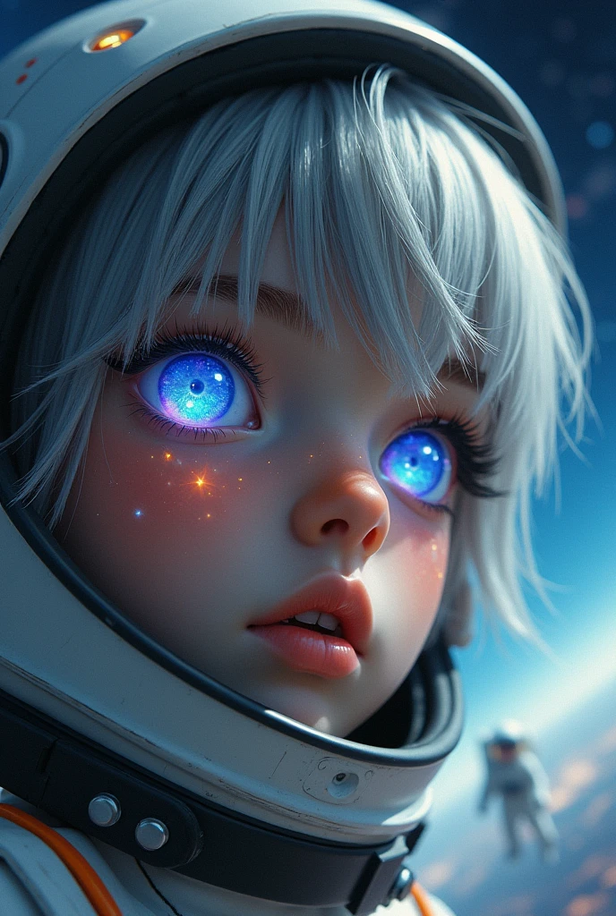 (Close-up of a better masterpiece:1.5)0.9], (Space and astronauts:1.2) (Messy silver hair:1.1) (Heterochromia xanthochromia and blue eyes:1.2) (Space Helmet:1.0) (Colored stars in the eyes:1.0) (A radiant glow:1.1) (thick lips:0.9) Bull mix eagle 