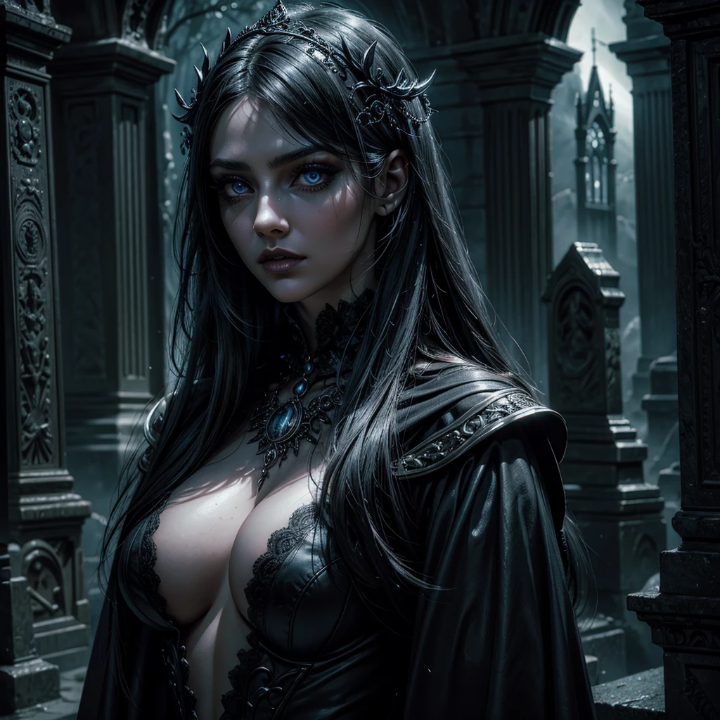 a mysterious female sorceress in a gothic cemetery, beautiful detailed eyes, beautiful detailed lips, extremely detailed eyes and face, long eyelashes, intricate details, high quality, hyper-realistic, hyper-detailed, photo-realistic, perfect details, moody lighting, dramatic lighting, surreal, ethereal, dark fantasy, cinematic, dramatic atmosphere, glowing eyes, ghostly presence, haunting, ominous, mystical