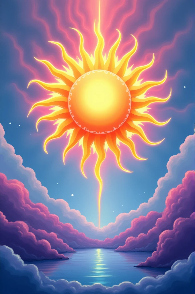 A flag of a sun with the lilac colors, blue and yellow and