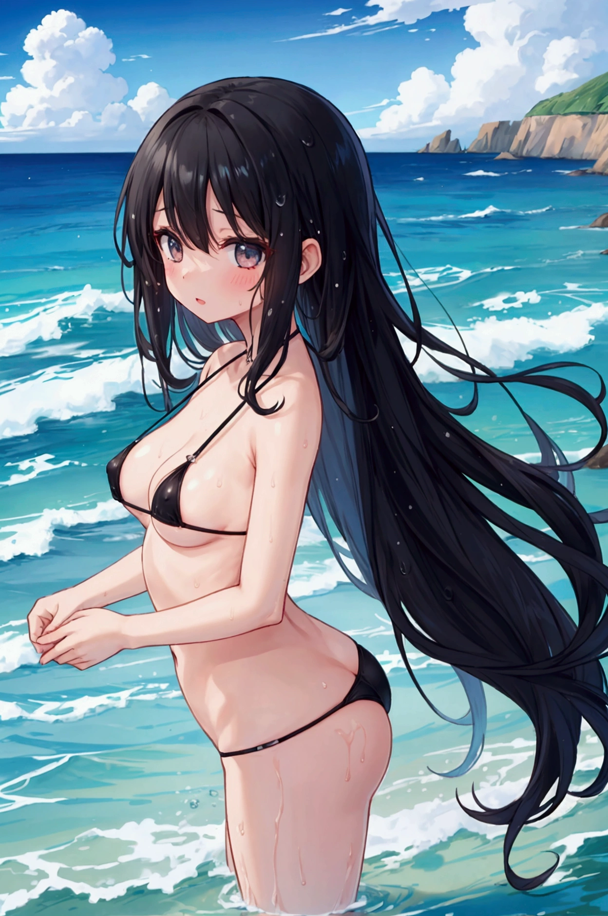 Girl、Long Black Hair、Micro Bikini、Small breasts、Nipples、Ocean、Wet body