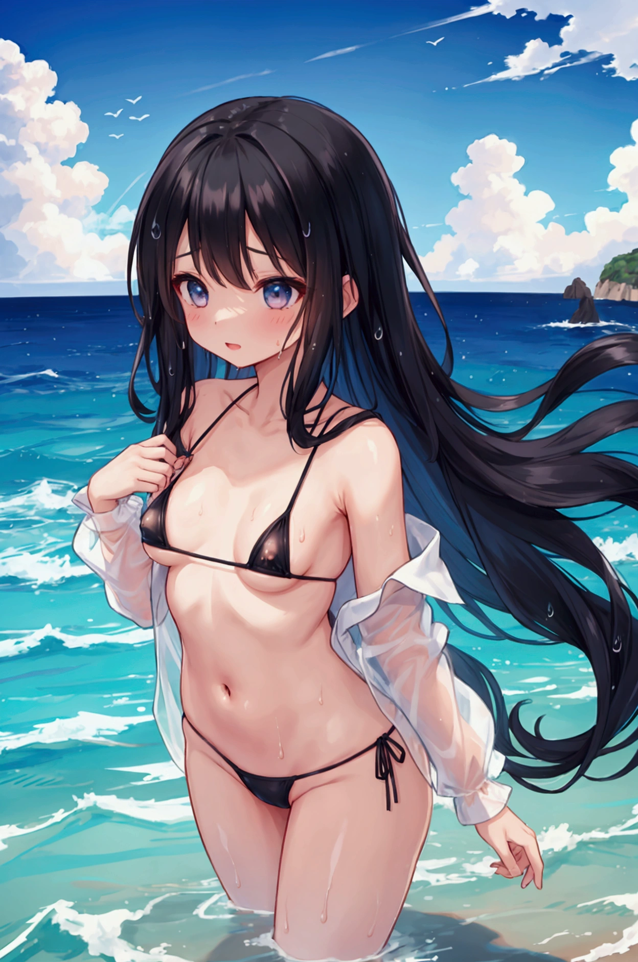 Girl、Long Black Hair、Micro Bikini、Small breasts、Nipples、Ocean、Wet body