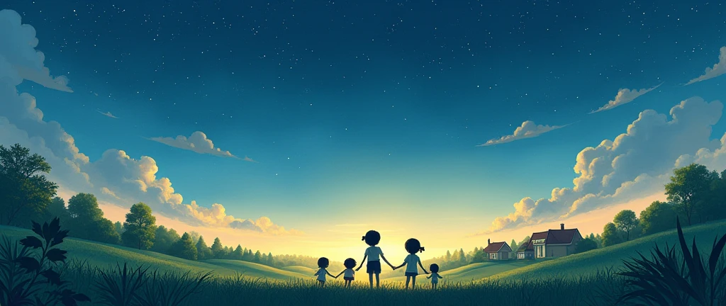 One summer night,there were stars in the sky. hand drawn style,children's illustrations,flat illustrations,masterpiece,best quality, Cats Studio Ghibli Inspired 