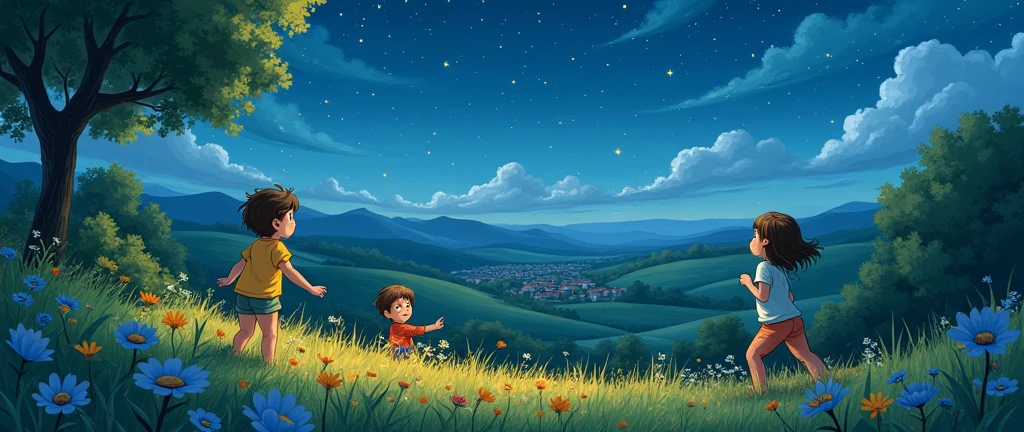 One summer night,there were stars in the sky. hand drawn style,children's illustrations,flat illustrations,masterpiece,best quality, Cats Studio Ghibli Inspired