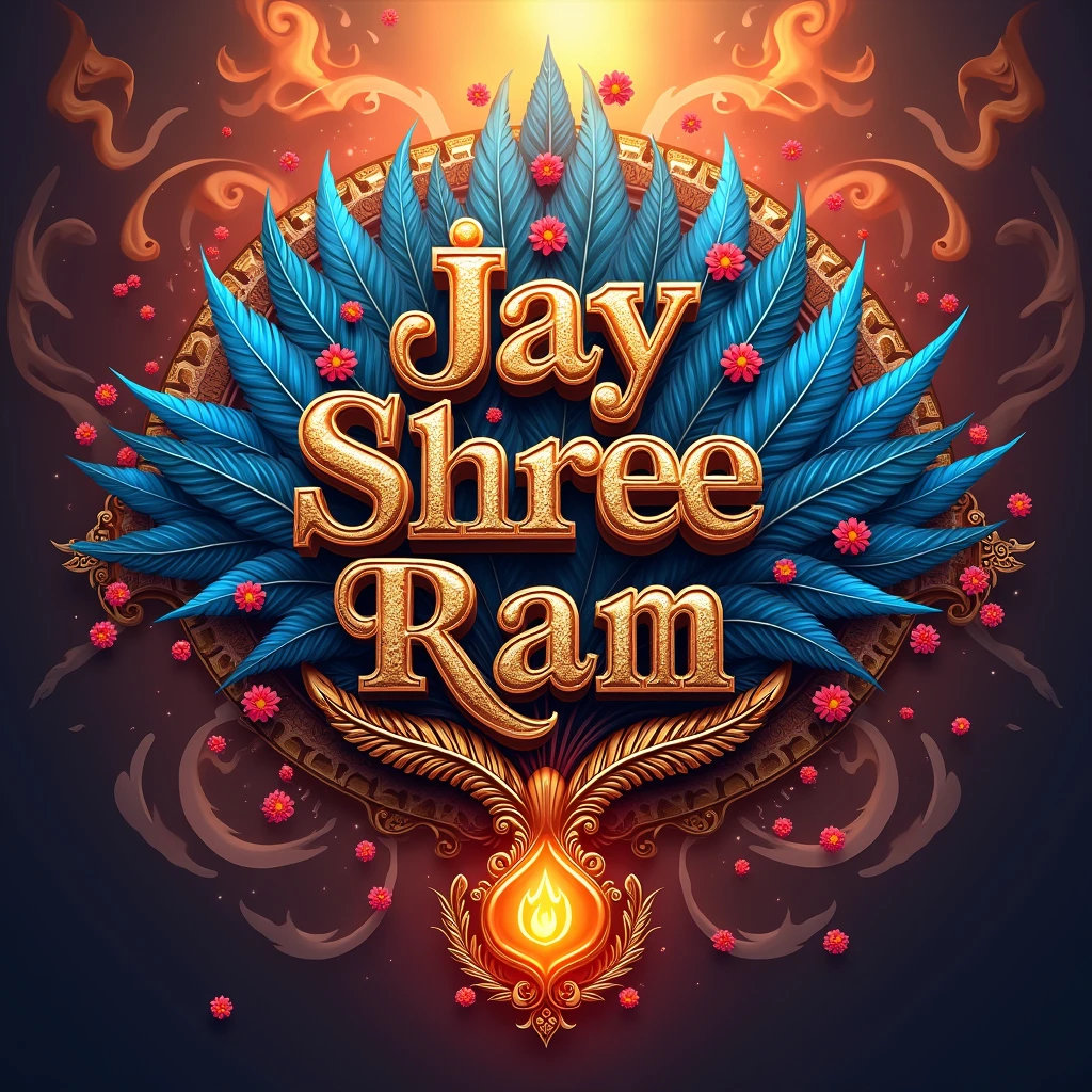 A colorfull fire imege composition featuring the word Jay Shree Ram rendered in ornate, metallic letters. Surrounding it are vibrant feathers in shades of blue, blue, and pink, along with blue flowers and wisps of smoke. A fire Dhanush, intricately detailed, is positioned diagonally across the bottom of the image, set against a rich fire background.