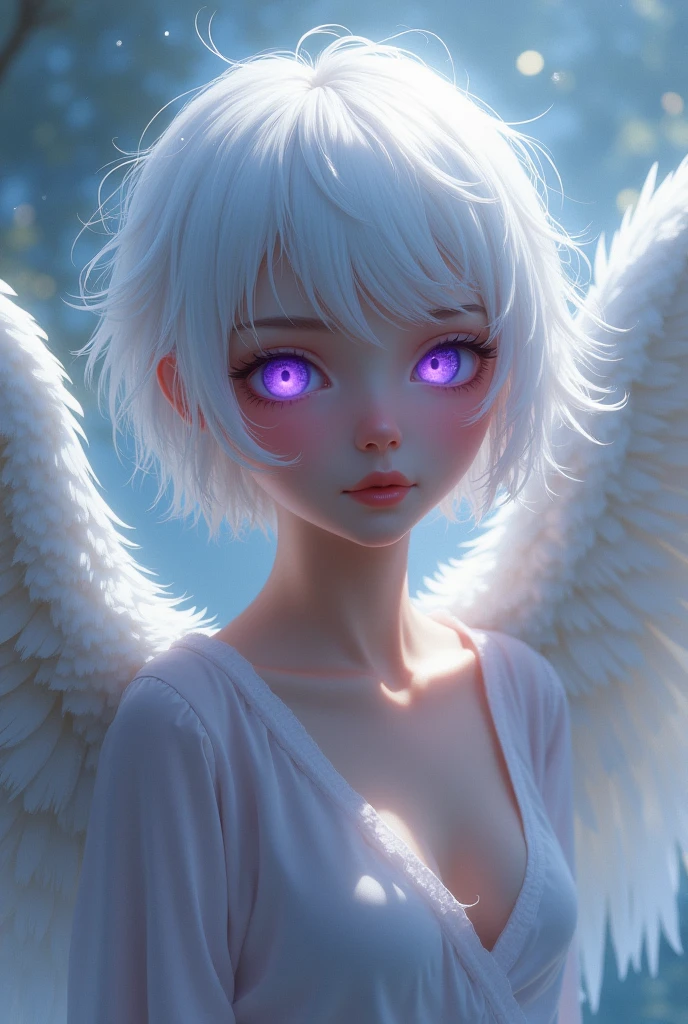 An angel of , with short messy white hair and also purple eyes man