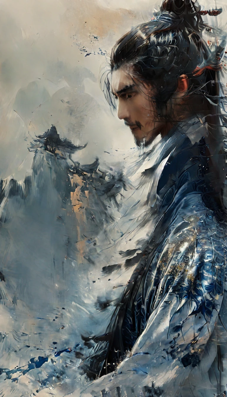 a realistic poster of a 20 years old, agile and short male samurai, with a pair of wakizashi, with black hair in a bun, his white and blue clothes and armor, decorated with air and feather motifs., dark mood ::2 multi-layered compositions, uhd image intricate patterns and details ::1 dramatic ilumination, Chinese ink, wash technique, a katana very detailed, splatter ink, black and white, black and white still, digital Art, perfect composition, beautiful detailed intricate insanely detailed, octane render trending on artstation, 8 k artistic photography, sumi-e concept art, soft natural volumetric cinematic perfect light, chiaroscuro