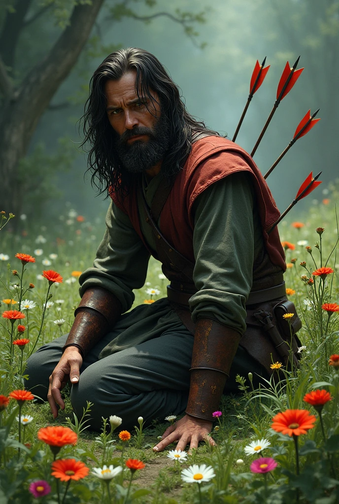 a lonely medieval soldier, black hair down to shoulders, short beard, On knees, with several arrows stuck in his back, in a green bed with flowers