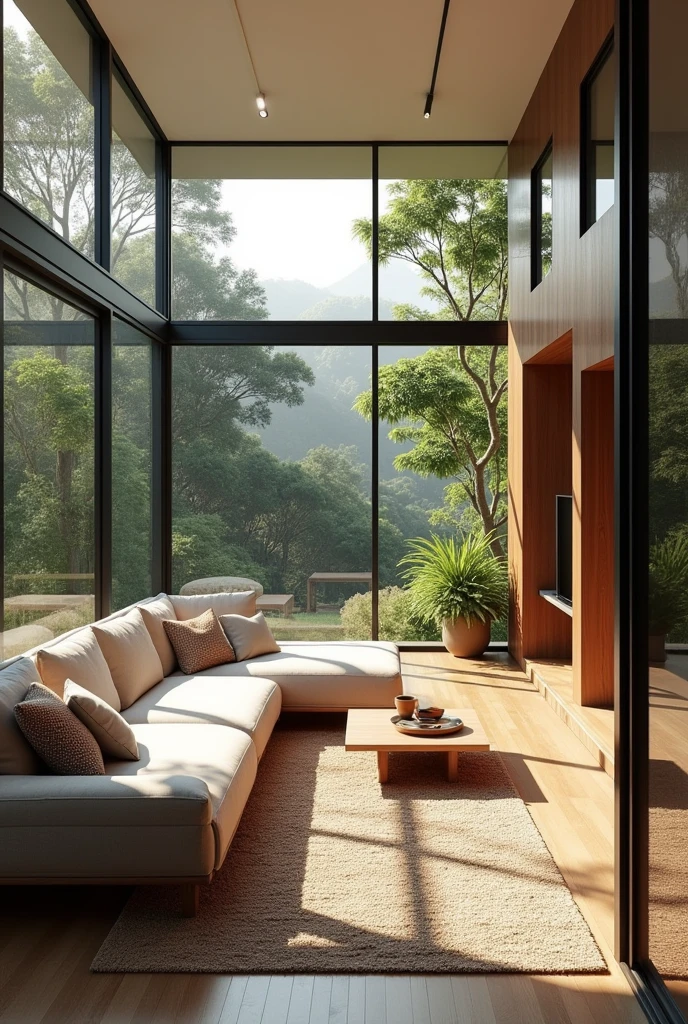 Interior design , modern living room  , in Brazil , glass frame , ultra realisitic , 4K , High-resolution rendering 