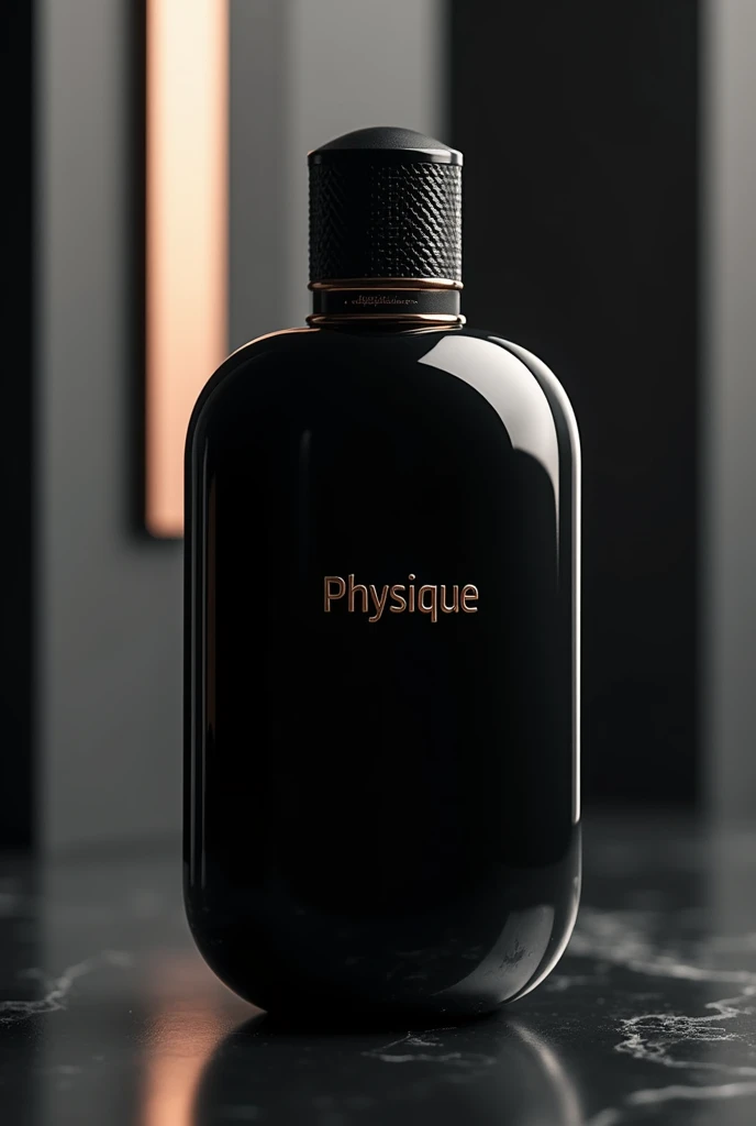 Tall , round , black perfume bottle with solid looking with brand name "Physique" in the center with some decoration elements that look premium