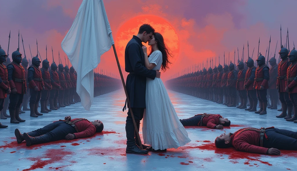 A Impressionist painting style, horizontal. featuring a man and a woman standing embracing and crying at the center of the image, depicted in full-body. The woman is wearing a white dress stained with blood, while the man is dressed in a black shirt and black pants stained with blood. A white flag behind them. The ground beneath them is icy covered with blood, bloodied bodies of soldiers in medieval military uniforms, laying entire on the ground. The background showcases a sky with purple and red hues, as the sun rises. The overall mood of the painting is set by shades of blue, purple, and red.