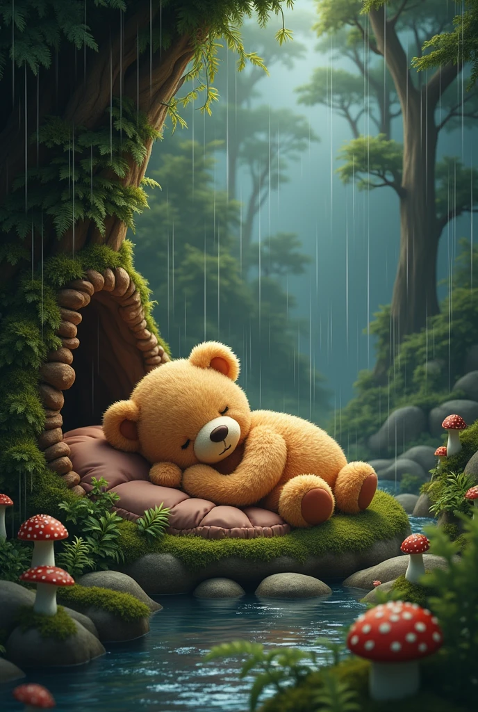 Fantasy sleeping little bear。Stuffed bear。Lying in a cave in the raastic rainy forest。