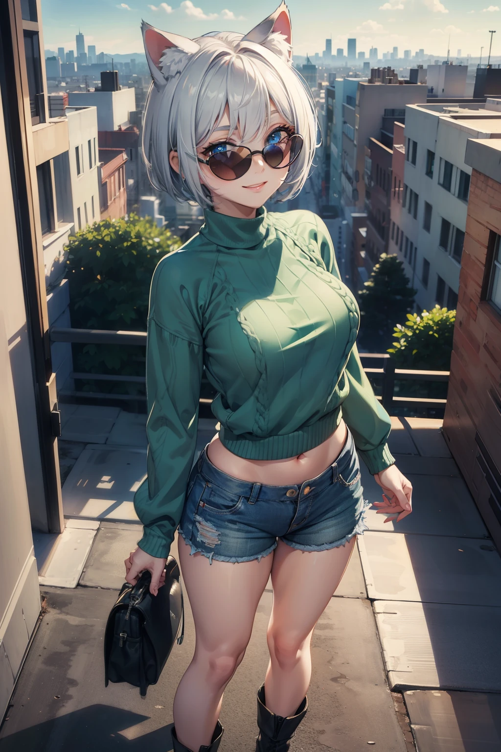 (masterpiece), (best quality), (High quality), high resolution, BREAK expressive eyes, perfect face, 1girl, grey cat ears: 1.5, medium hair, grey hair, pixie cut, BREAK, (big eyes, perfect eyes, blue eyes, thick eyelashes, thin eyebrow, BREAK short height, slim bulid, happy smile, medium breasts, BREAK green cropped sweater: 1.4, black shorts: 1.4, heart shaped sunglasses, BREAK standing, cowboy shot, full body, view from above, (city background), looking at the viewer