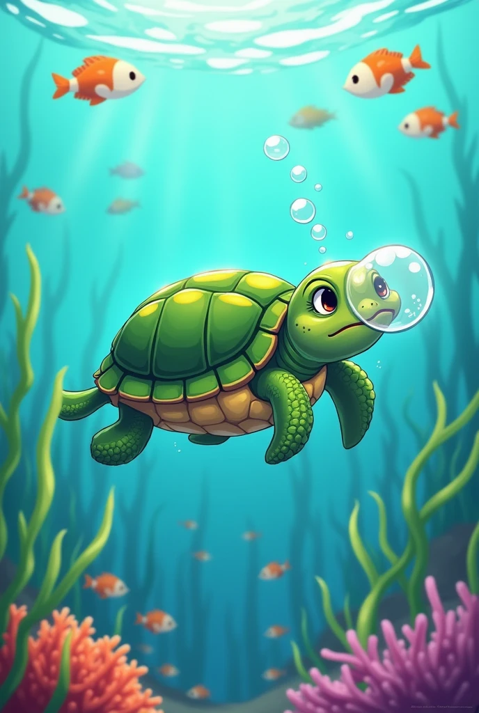 Drawing of a turtle swimming sideways in terror with a plastic bottle covering its mouth, the turtle must be cute