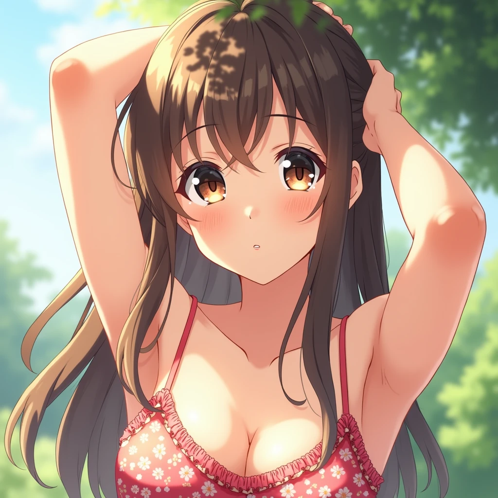 cute anime woman in sundress raising arms and showing both her armpits up close, slightly glistening with sweat, outdoors, long hair.
