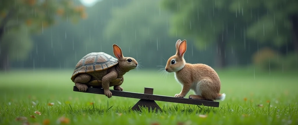 Large grassy park。it's raining。There is only one seesaw in the middle。 On that seesaw、A rabbit and a tortoise are playing facing each other. There are no humans around. The angle is far away. The tortoise is heavier on the seesaw.、Realistic photo of the hanging