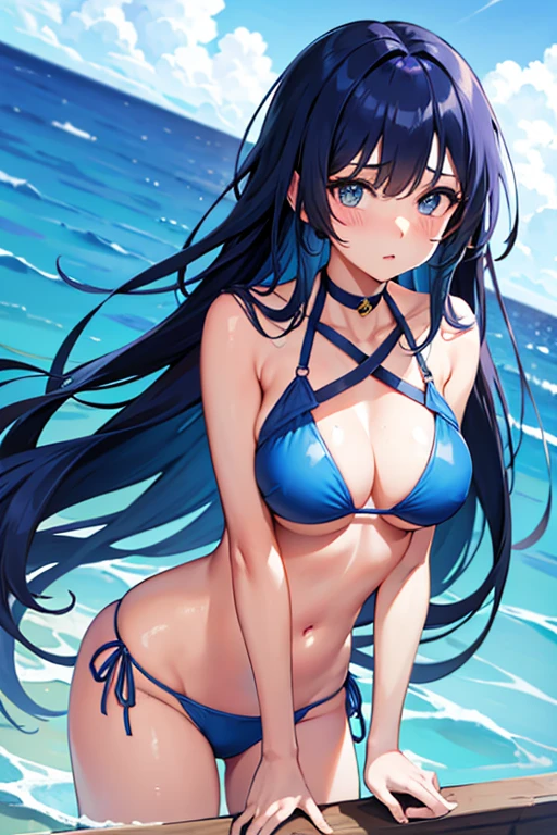 Beautiful girl, long hair, swimsuit, blue bikini