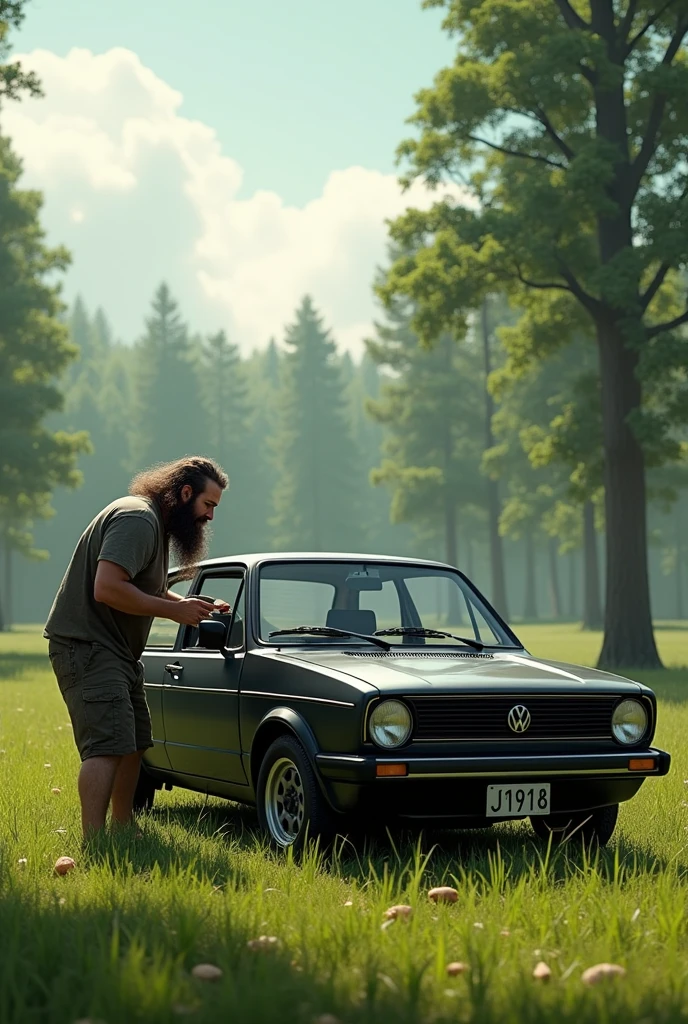 Create for me an image of a short person with a semi-robust physique and a long beard, that he is painting a black VW Gol Power type car with a spray can in the middle of a field among trees 