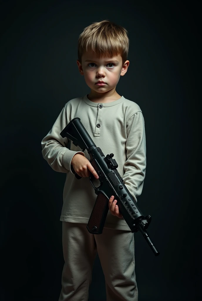 A boy wherein pajama with dark background and hold a gun
